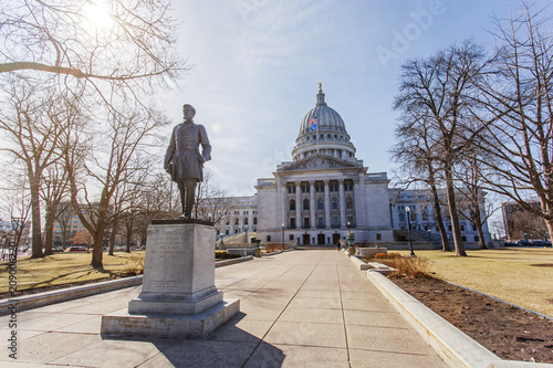 Statue of Hans Christian Heg in front of Wisconsin state capitol building in Madison Wisconsin
