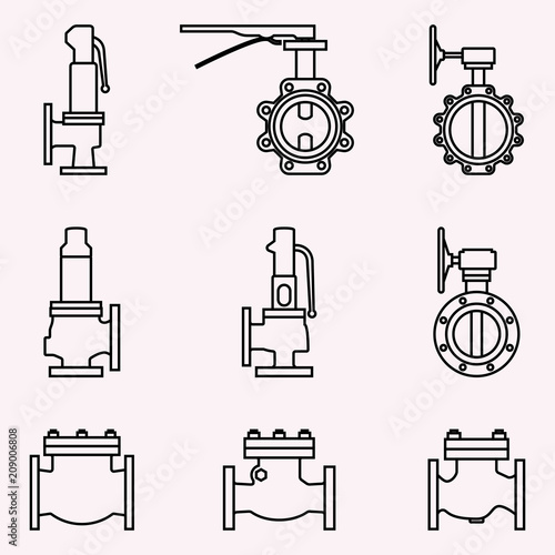 Set of various types of industrial valves. Thin line vector