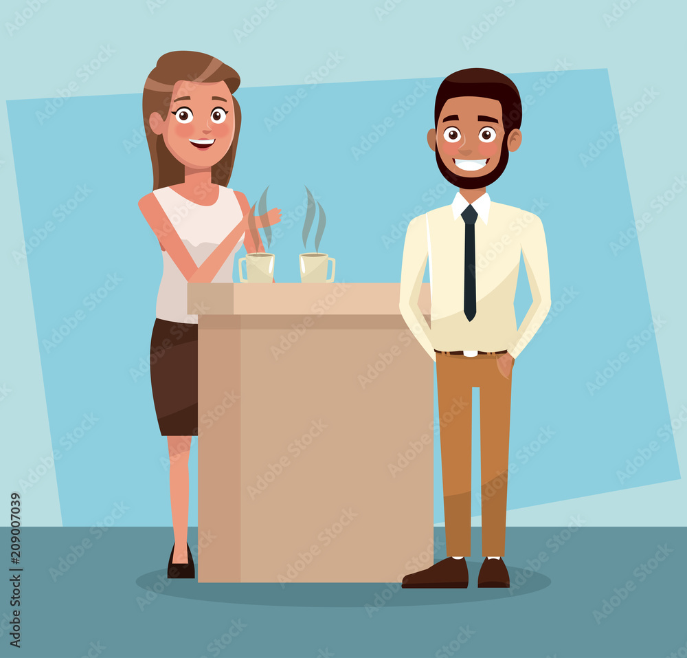 Obraz premium Business people drinking coffee and talking vector illustration graphic design