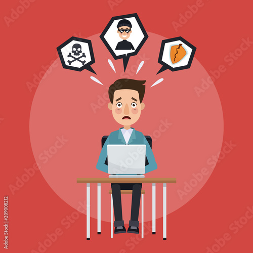 Man with hacked laptop by hacker cartoon vector illustration graphic design