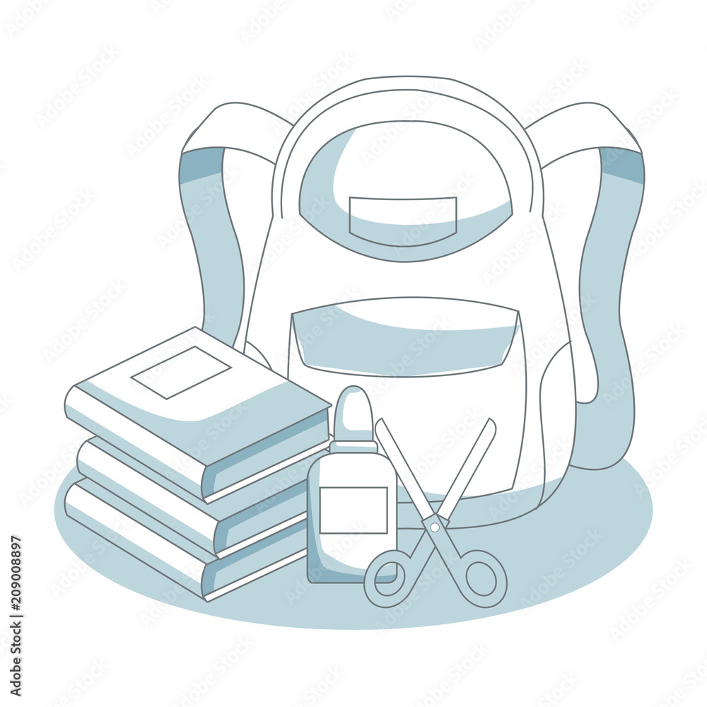Backpack with books and scissors blue and white vector illustration graphic Backpack with books and scissors blue and white vector illustration graphic