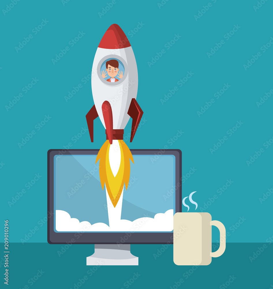 Businessman inside spaceship taking off from computer vector illustration graphic design Businessman inside spaceship taking off from computer vector illustration graphic design