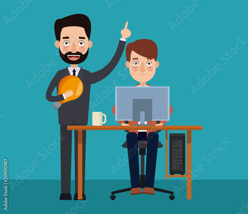 Businessman working with employeer at computer vector illustration graphic design