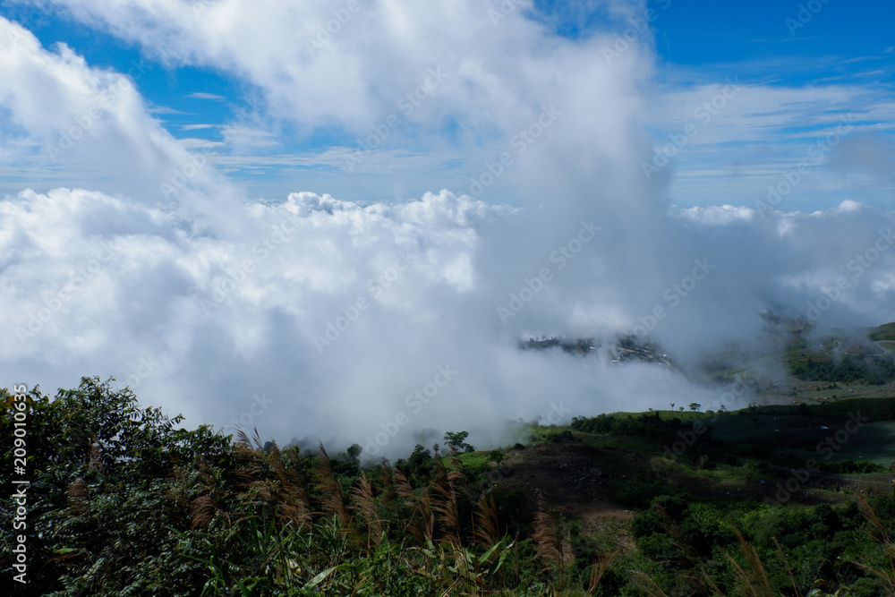 morning the cold weather is make floating fog on the mountain of mist slow floating fog blowing cover on the top of mountain morning the cold weather is make floating fog on the mountain of mist slow floating fog blowing cover on the top of mountain