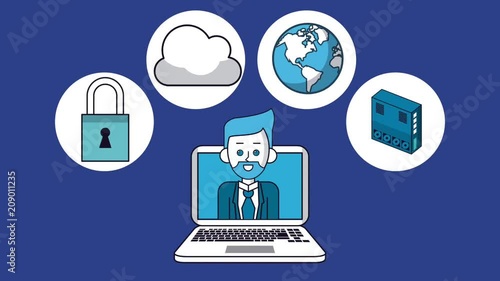 Wallpaper Mural Businessman using cloud computing from laptop High Definition colorful animation scenes Torontodigital.ca