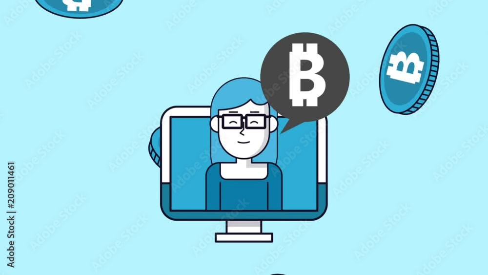 Woman talking about bitcoin from pc screen High Definition colorful animation scenes Woman talking about bitcoin from pc screen High Definition colorful animation scenes