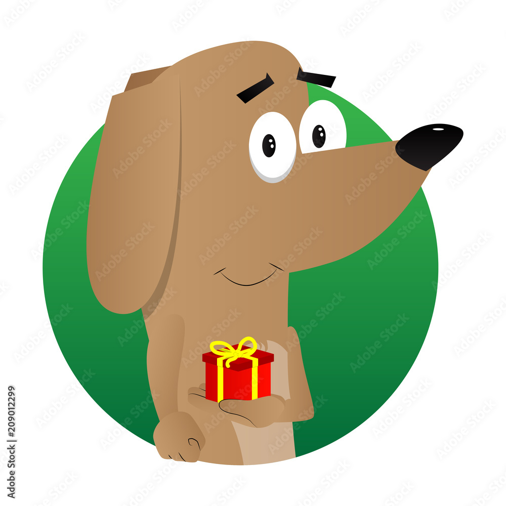 Cartoon illustrated dog holding small gift box. Stock Vector | Adobe Stock