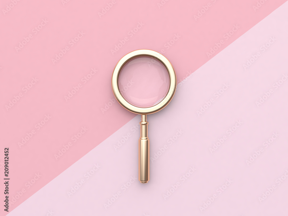 gold magnifying glass minimal pink flat lay background 3d rendering gold magnifying glass minimal pink flat lay background 3d rendering