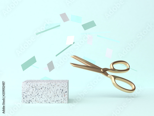 blue green scene paper floating gold scissors 3d rendering