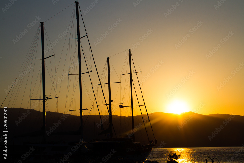 sunrise and yacht silhouette in Turkey,Marmaris