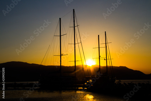 sunrise between yacht masts in Turkey,Marmaris