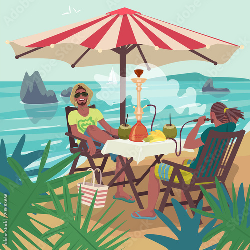 Two young men sitting on tropical beach and smoking hookah. Resting under sunshade or parasol umbrella. Good sunny weather. Expressive cartoon style