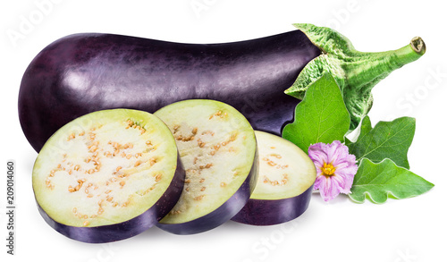 Aubergine or eggplant with aubergine flower and leaves on white background.