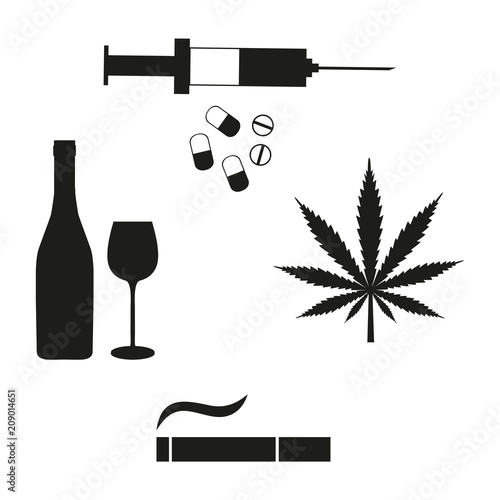Cigarette and bottle, pipe and heroin, alcohol and tablet, smoke and, narcotic cocaine, Drug icons set.