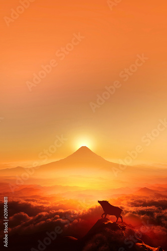 富士山の日の出とイノシシのシルエット 