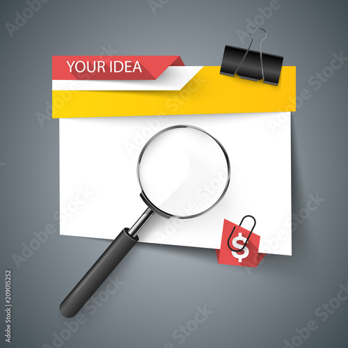 Realistic business magnifier. Zoom in and find.