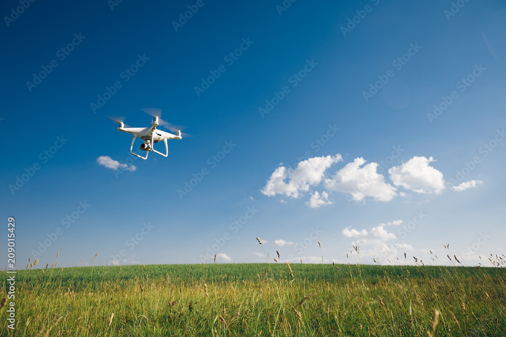 drone quad copter on green corn field drone quad copter on green corn field