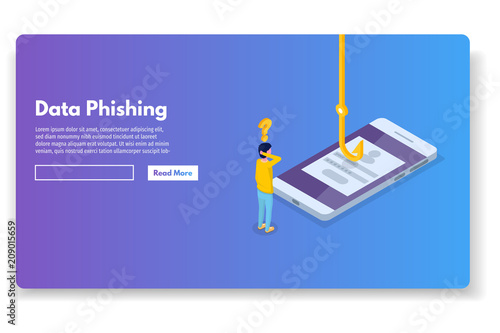 Data phishing isometric, hacking online scam. Fishing by email, envelope and hook. Cyber thief. Vector illustration.