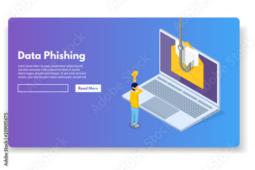 Data phishing isometric, hacking online scam. Fishing by email, envelope and hook. Cyber thief. Vector illustration.