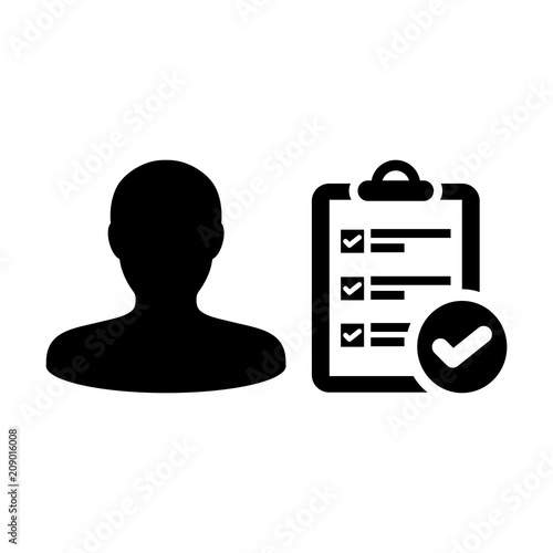 List icon vector male person profile avatar with survey checklist report document and tick symbol in flat color Glyph Pictogram illustration