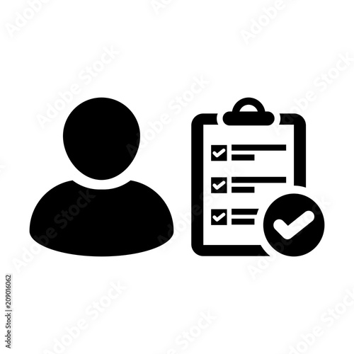 Exam icon vector male person profile avatar with document and tick symbol in flat color Glyph Pictogram illustration