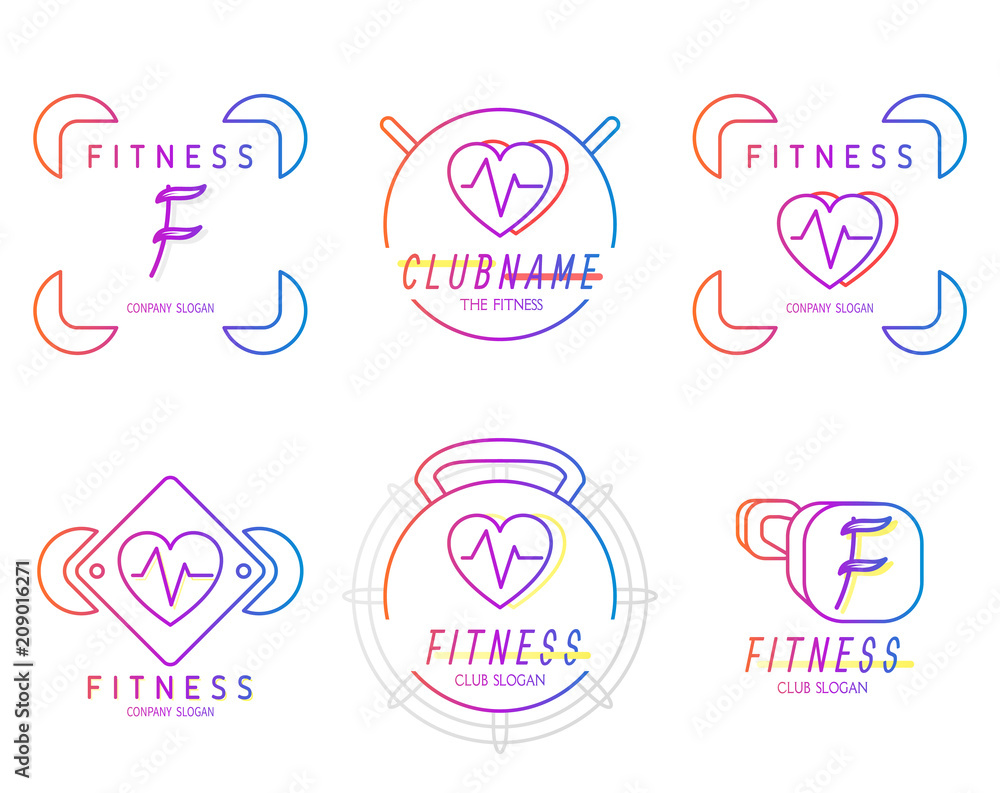 Bright colour set of icon for fitness pilates sport. Simple linear emblems for health lifestyle. Vector Bright colour set of icon for fitness pilates sport. Simple linear emblems for health lifestyle. Vector