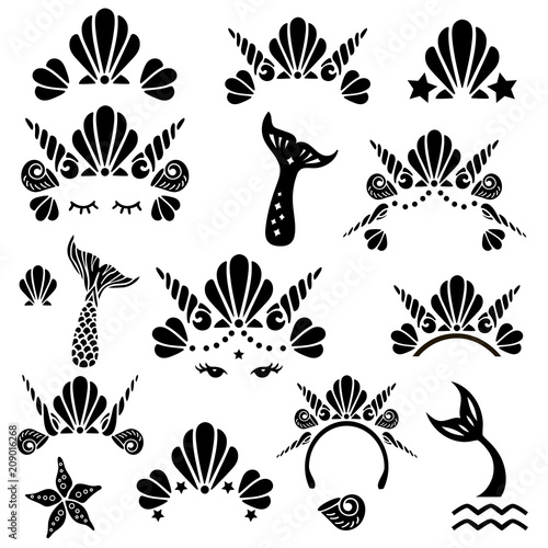 Mermaid symbols set with sea shells crowns, tails and eyes. Vector illustration.  photo