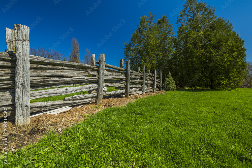 Wooden fence in green grass meadow