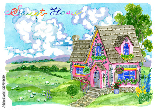 Cute pink cottage with garden flowers against grassland. Vintage country background with summer rural landscape, garden and cute house, hand painted watercolor illustration 