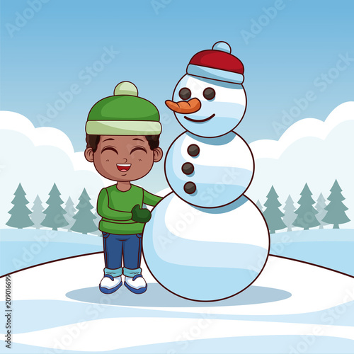 Cute boy with snowman winter cartoon vector illustration graphic design