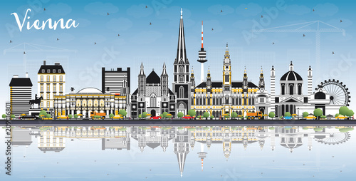 Vienna Austria City Skyline with Color Buildings, Blue Sky and Reflections.