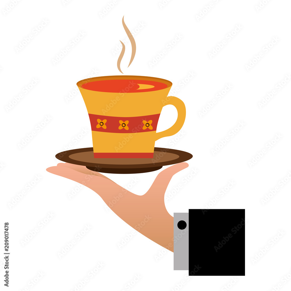 hand holding hot tea cup decoration flowers vector illustration hand holding hot tea cup decoration flowers vector illustration