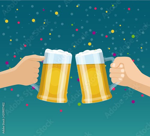 Human hands with glass beer mugs. Oktoberfest. Vector illustration