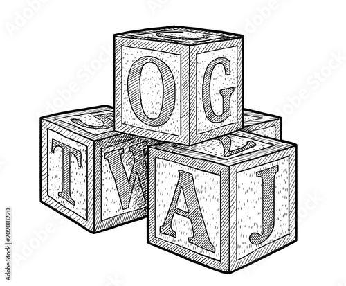 Alphabet blocks illustration, drawing, engraving, ink, line art, vector