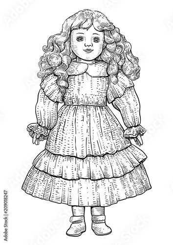 Porcelain doll illustration, drawing, engraving, ink, line art, vector