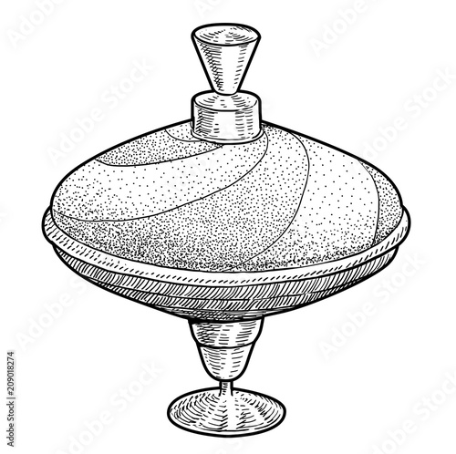 Spinning, humming top illustration, drawing, engraving, ink, line art, vector