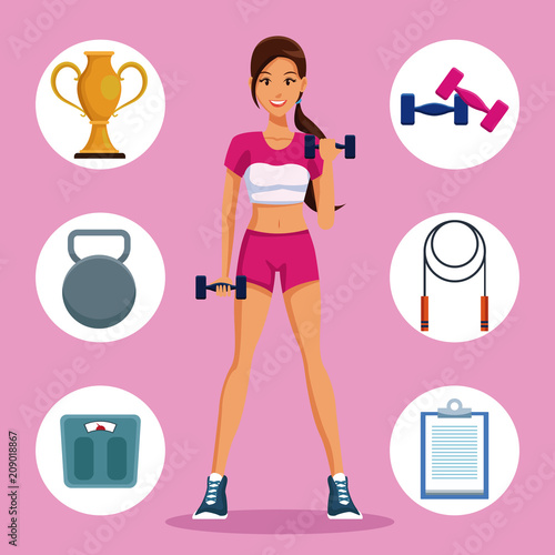 Fitness woman with sport round symbols vector illustration graphic design