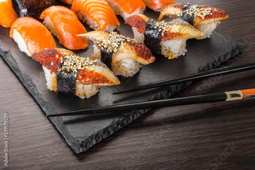 japanese cuisine, sushi set on a board