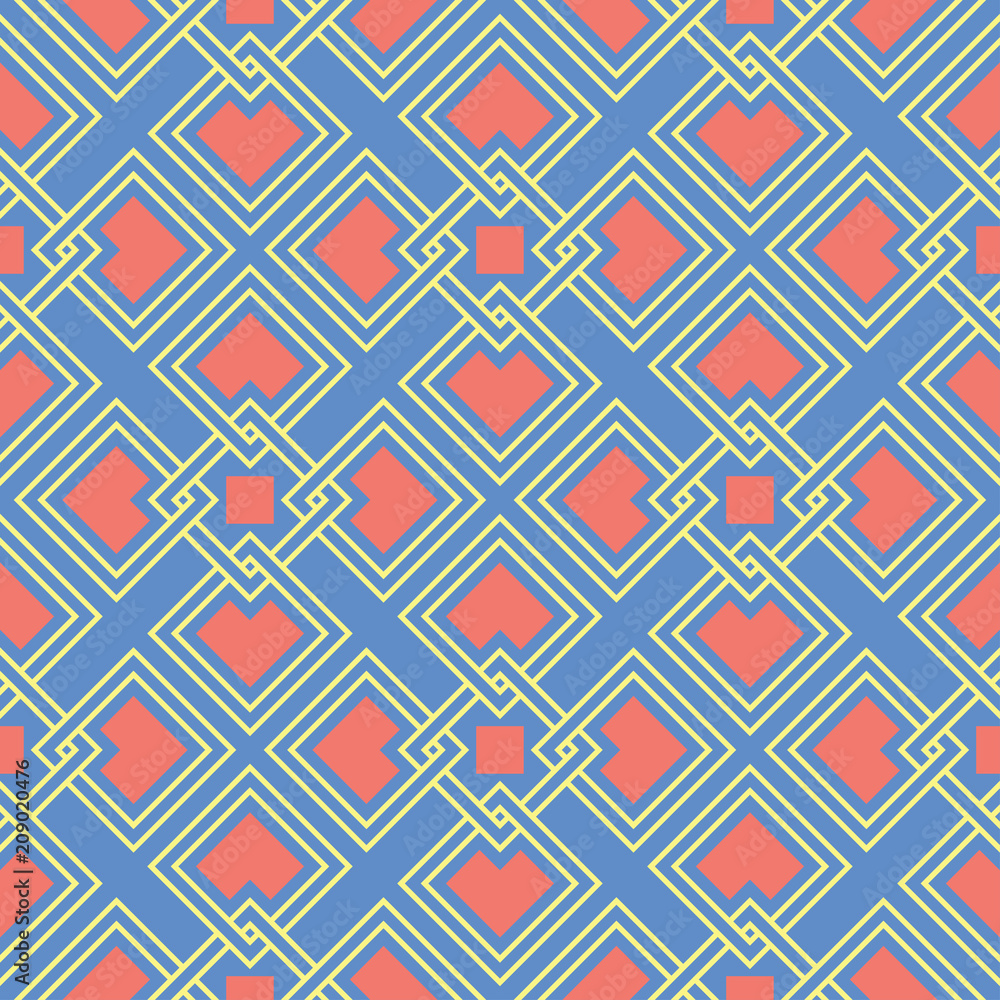 Geometric seamless pattern. Blue background with red and yellow design Geometric seamless pattern. Blue background with red and yellow design