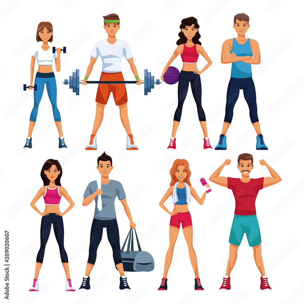 Set of fitness people with sport elements collection vector illustration graphic design - obrazy, fototapety, plakaty 
