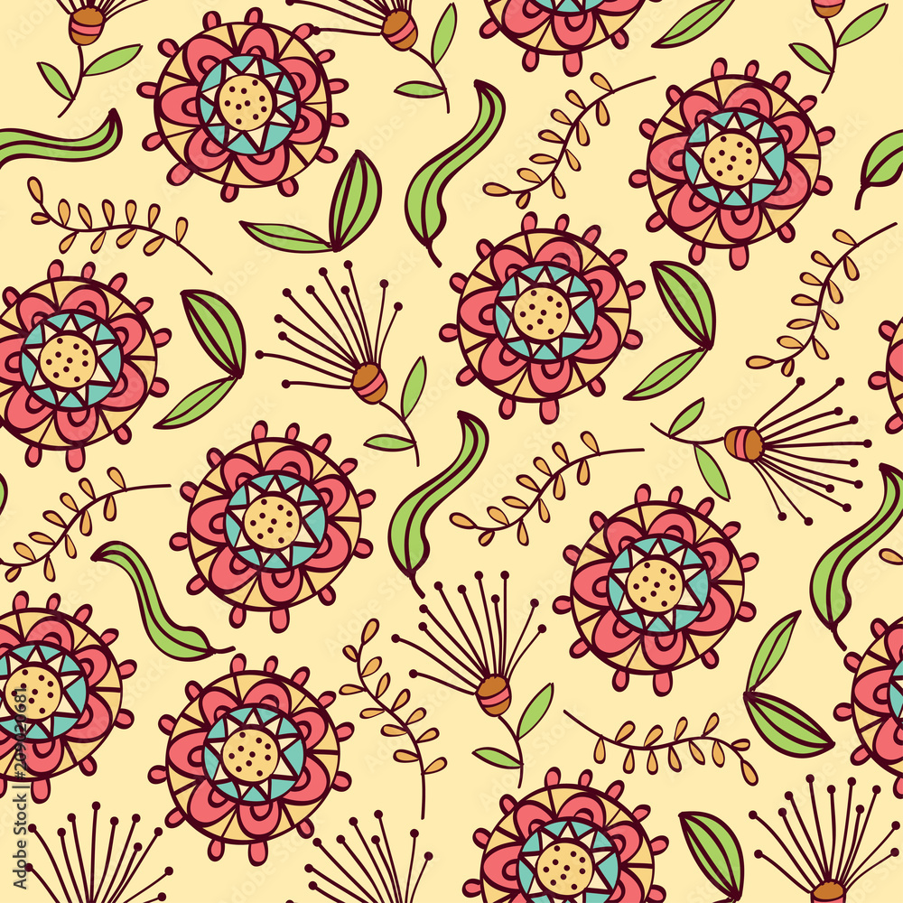 Doodle seamless pattern with flowers and leafs