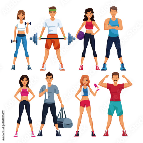Set of fitness people with sport elements collection vector illustration graphic design