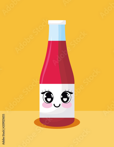 kawaii ketchup bottle over yellow background, colorful design. vector illustration