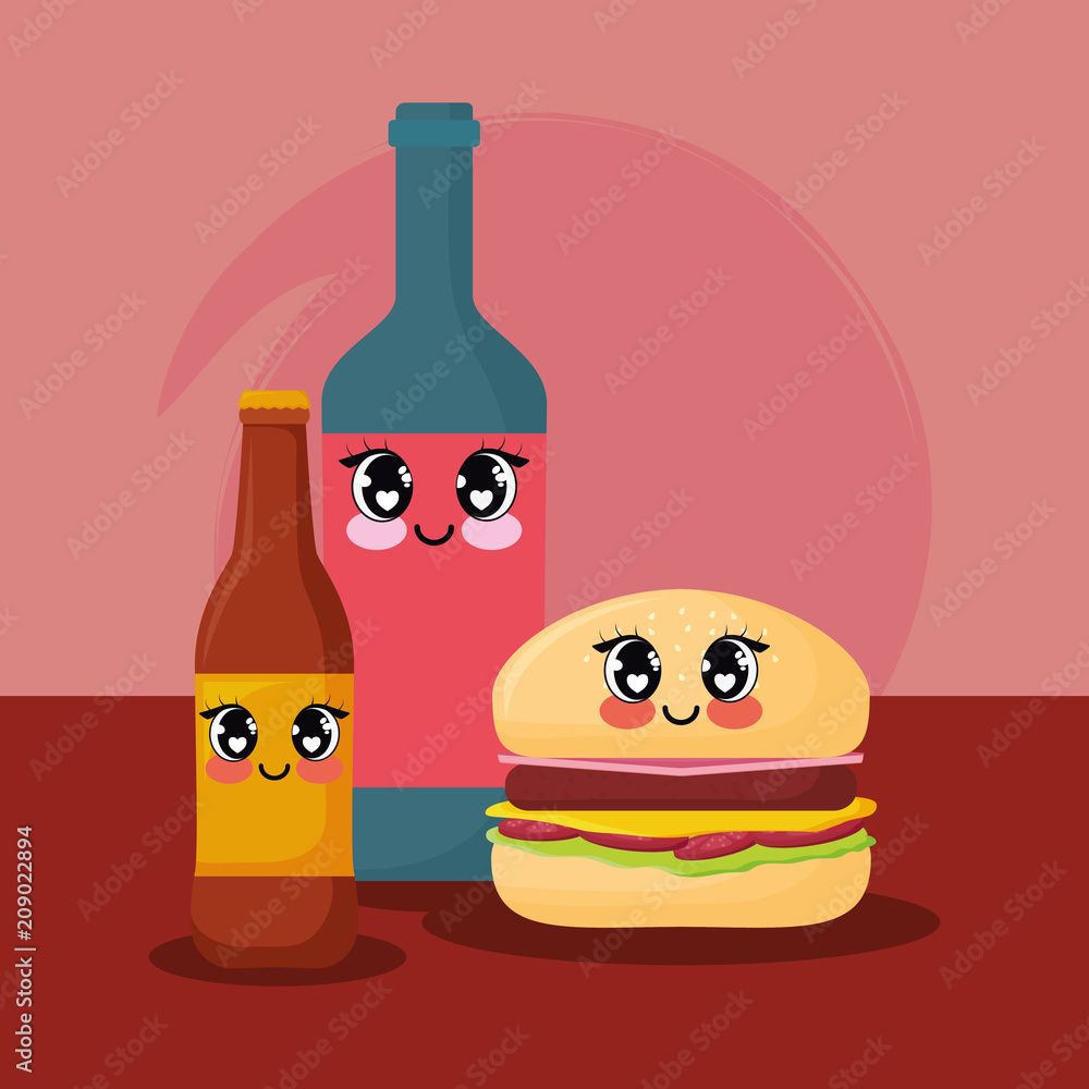 kawaii hamburger and bottles over red background, colorful design. vector illustration kawaii hamburger and bottles over red background, colorful design. vector illustration