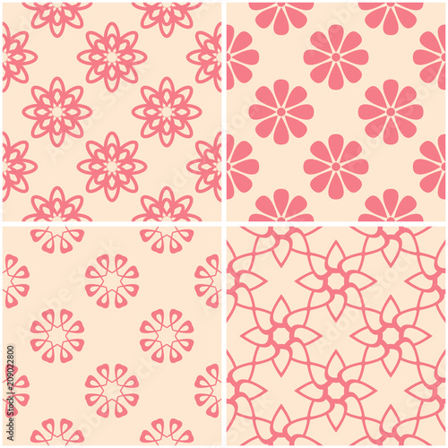 Floral patterns. Set of beige and red seamless backgrounds