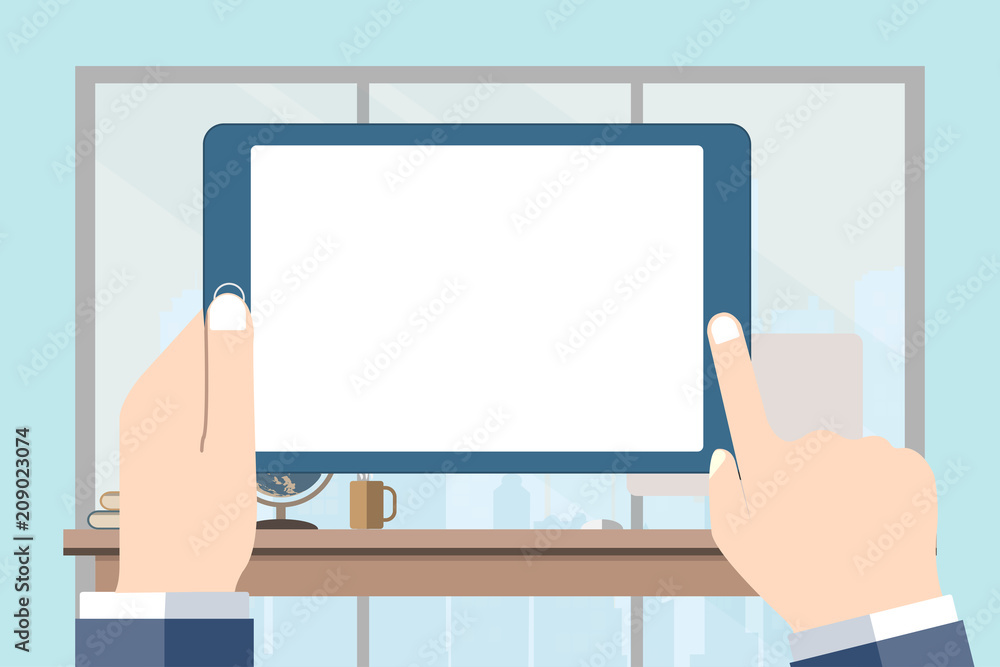 Hand of businessman holding bank tablet on office tablebackgroud. flat design. Hand of businessman holding bank tablet on office tablebackgroud. flat design.