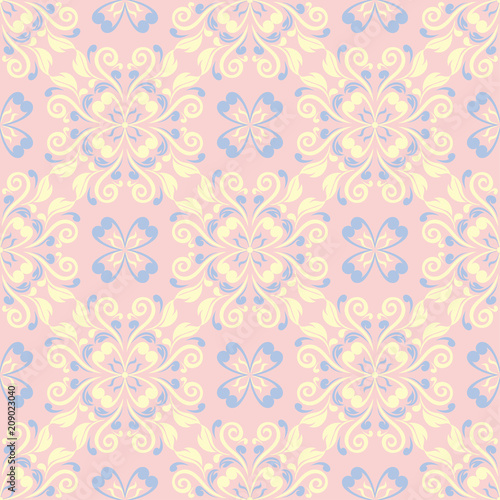 Pink floral seamless pattern with light blue and yellow flower elements © Liudmyla