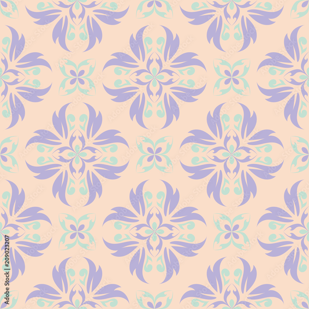 Floral seamless pattern. Beige background with violet and blue flower elements