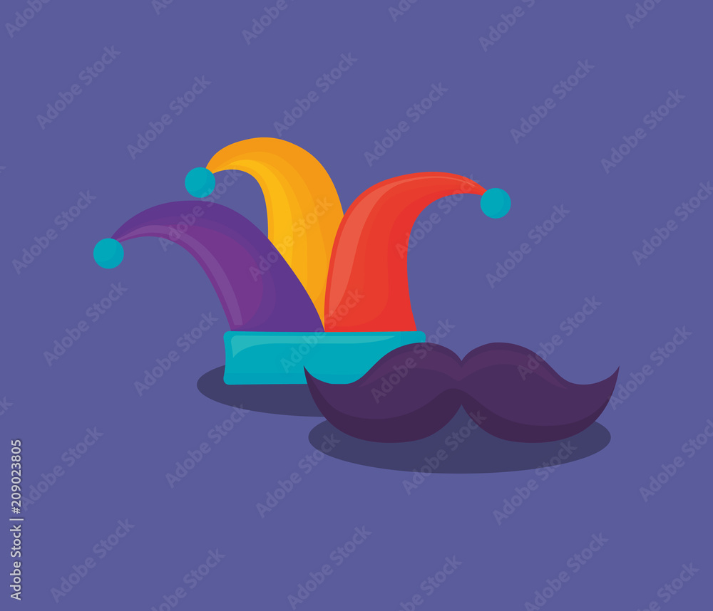 Obraz premium Carnival design with jester hat and mustache over purple background, colorful design. vector illustration