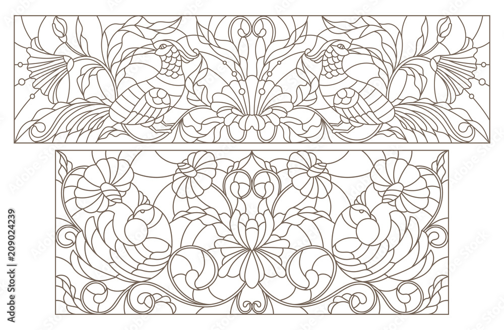 Set contour illustrations of stained glass with abstract flowers and birds and the dark outline on a white background Set contour illustrations of stained glass with abstract flowers and birds and the dark outline on a white background